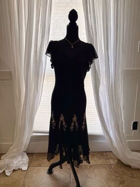 S.L. Fashions Black Midi Dress with Gold Embroidery